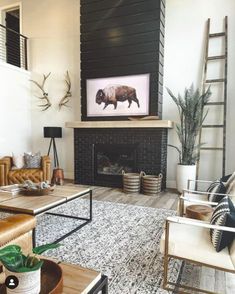 a living room filled with furniture and a fire place in front of a painting on the wall