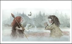 two native american women are playing in the snow with birds flying around them and one is holding a stick