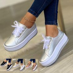 Category:Sneakers; Upper Materials:PU; Season:Spring,Summer,Fall; Heel Type:Flat Heel,Platform; Gender:Women's; Activity:Walking; Toe Shape:Round Toe; Style:Sporty,Casual; Heel Height(inch):2-3; Outsole Materials:Rubber; Occasion:Daily; Closure Type:Lace-up; Pattern:Solid Color; Production mode:Self-produce; 2024 Trends:Plus Size,Platform Sneakers,White Shoes; Foot Length:; Foot Width:; Size chart date source:Provided by Supplier.; US Size:null; UK Size:14.5; EU Size:50 Sepatu Platform, Flat Sneakers Women, Plateau Sneaker, Platform Flats, White Shoes Sneakers, Orthopedic Shoes, Skateboard Shoes, Women Flats, Sporty Casual