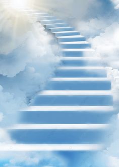 a stairway leading to the sky with clouds and sun shining down on it's sides