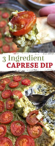 a person holding a piece of pizza with tomatoes on it and the words, 3 ingredient caprese dip