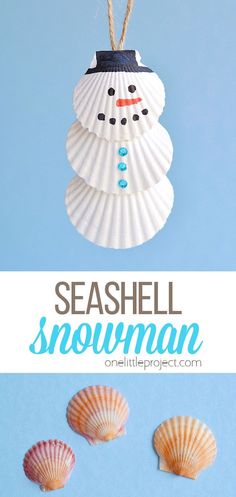 seashell snowman ornament hanging from a string