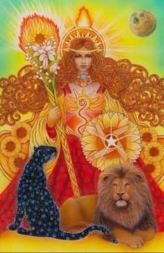 an image of a woman holding flowers and a lion in front of the sun, surrounded by other animals