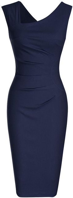 This dress is verastile for multiple fancy occassions. Wear as a wedding guest, for cocktail hour, or as a work dress for a big meeting. This dress features a body-hugging fit and it's true to size. The neckline is assymetrical with a flattering ruching detail all down the front. This is a flattering style that hits in all the right places. Fabric contents: 69% Rayon, 26% Nylon, 5% Spandex How To Wear Kimono, Fitted Pencil Dress, 1950s Style, Sleeveless Bodycon Dress, Business Dresses, 1950s Fashion, Pencil Dress, Blue Dress, Sheath Dress