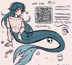 a drawing of a woman sitting on top of a blue mermaid's tail with other drawings around her