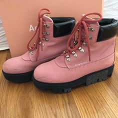 Acne Studios Telde Hiking Boots In Bubble Pink/ Black Size 38 Good Condition Minus A Few Marks. Please See Images Closely For Scuffs/ Marks And Let Me Know If You Would Like Any More Pics! Only Worn 3 Times Comes With The Box, Canvas Shoe Bags And Extra Black Laces In Case You Prefer Black To Pink Laces ( Came With Both Colors ) Acne Studios Shoes, Canvas Shoe, Pink Boots, Shoe Bags, Moto Boots, Black Laces, Pink Lace, Canvas Shoes, Pink Black