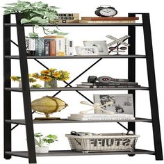 a book shelf with books and plants on it