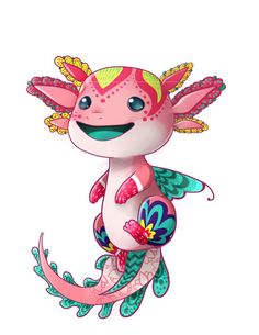 a cartoon character with pink hair and green wings, holding a flower in her hand