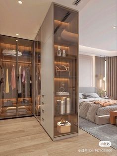 an open closet in the middle of a bedroom