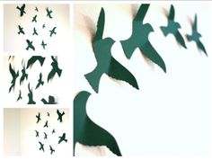 several pictures of birds flying in the air and one is made out of cut paper