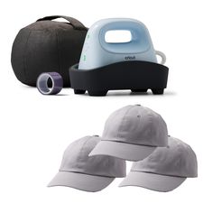 three hats and an iron are sitting next to each other