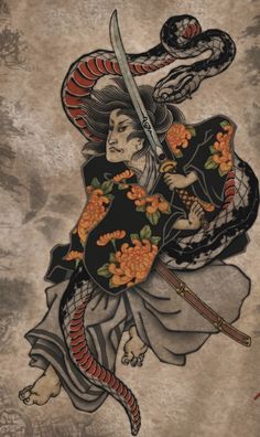 Irezumi Snake, Japanese Samurai Art, Japanese Samurai Tattoo, Traditional Tattoo Dragon, Dancing Video, Japanese Art Samurai, Card Tattoo Designs, Bamboo Tattoo