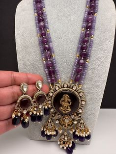 Moissanite Victoraian Ganesha Lakshmi Devi Monalisa Beads Necklace - Purple Layer Beads Necklace, Purple Beads Necklace, Beads Necklace Indian, Purple Jewelry Set, Multi Layer Necklace Beads, Purple Stone Necklace, Simple Beaded Necklaces, Purple Bead Necklace, Lakshmi Devi