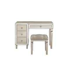 Sosi 47 Inch Vanity Desk Set, Padded Stool, Mirror Inlaid Drawers, Silver By Casagear Home Wooden Makeup Vanity, Bedroom Vanities, Makeup Tray, Makeup Vanity Set, Padded Stool, Vanity Bedroom, Side Drawers, Bedroom Makeup Vanity, Upholstered Stool