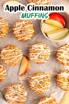 apple cinnamon muffins with apples in the background and text overlay that reads, apple cinnamon muffins