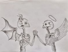 a drawing of two skeletons holding hands with an angel in the air above their head