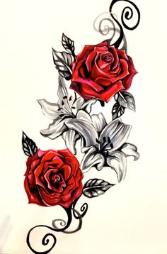 two red roses with leaves and swirls on the side of a white sheet of paper