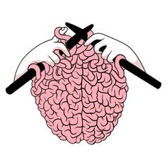 two hands holding scissors over a pink brain