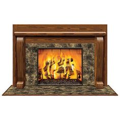 a wood burning fireplace with logs and flames on the mantle, isolated against a white background