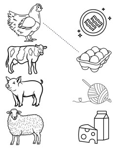 the farm animals and their food coloring pages are in black and white for kids to color