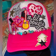 Custom Designed Trucker Hat With A Hand Beaded Hat Chain Created By Myself For My Small Business, Rhinestone Mermaid Creations! I Custom Design And Create Each Trucker Hat!! I Have Made A Few Premade Hats That Are For Sale! If These Aren’t Your Style I Also Do Custom Orders! Just Shoot Me A Message And I Can Do It! This Hat Is Hot Pink And White With A Western Flare! Perfect For The Cowgirl Who Is A Little Edgy And Bougie! Custom Patch Trucker Hats, Trucker Hat Party, Trucker Hat Bar Ideas, Trucker Hats With Patches, Diy Trucker Hat, Truckers Hats, Junk Socks, Trendy Trucker Hats, Business Merch