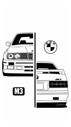 the bmw m3 is shown in black and white, as well as an image of its