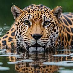 a close up of a leopard in the water