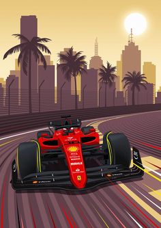 a red race car driving down a city street with palm trees in the back ground