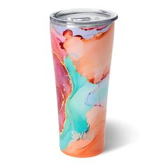 a colorful tumbler cup with an abstract design on the front and side, sitting against a white background