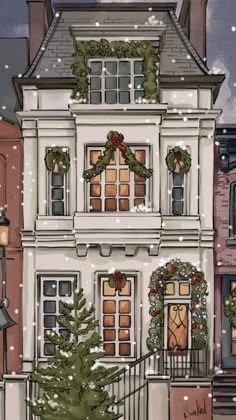 a large white house with christmas decorations on it's windows and stairs in the snow