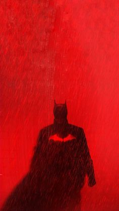 the shadow of a batman standing in front of a red wall with rain falling on it