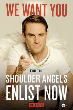 a man in white shirt with angel wings on his chest and the words, we want you for the shoulder angels enlist now