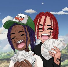 two people with red hair and green hats, one holding money while the other is smiling