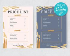 a price list for a restaurant with gold foil on the front and blue back side