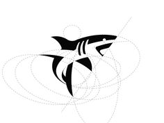 a black and white drawing of a shark with circles around it's body,