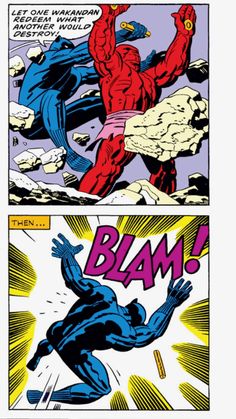 an image of a comic book page with the words blam and blue man in it