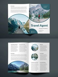 an open travel agent brochure with mountains in the background