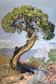 a painting of a tree with mountains in the background