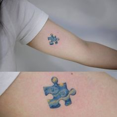 two pictures of the same person holding a piece of a puzzle tattoo on their left arm