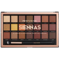 Create a variety of warm-toned looks with this Profusion Cosmetics 21-shade, multi-finish eyeshadow powder palette! Features both shimmer and matte finishes. Ultra-blendable pigments make application quick and easy. Includes a large variety of shades to complement virtually all skin tones. Palette contains dual-ended Pro-Series brush for convenient application. Size: 10oz.  Color: Brown. Skin Tones Palette, Maybelline Eyeshadow Palette, Huda Beauty Lipstick, Maybelline Eyeshadow, Halloween Beauty, Beauty Lipstick, Color Spectrum, Huda Beauty, Eyeshadow Palette