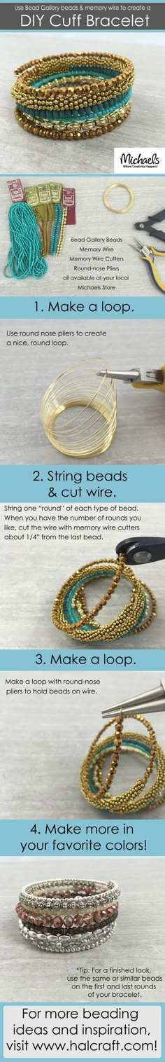 Looking for a tutorial about making your own bracelet? Get some memory wire and some beads in any color you like. Start stringing the beads in any arrangement you like. Do not forget to make loops … Pin Bracelet, Make Your Own Bracelet, Jewellery Board, Boho Jewels, Wire Cuff, Memory Wire Bracelets, Jewelry Techniques, Epilator