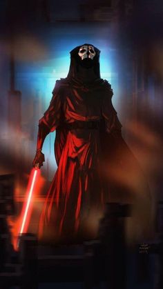 a star wars character holding a lightsaben in his hand and wearing a red robe