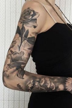 a woman with a rose tattoo on her arm and shoulder is posing for the camera