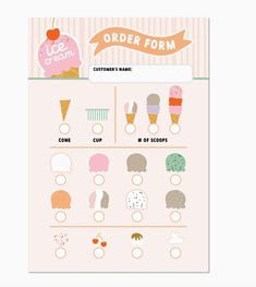 an order form with different ice creams and cupcakes on the top, in pink