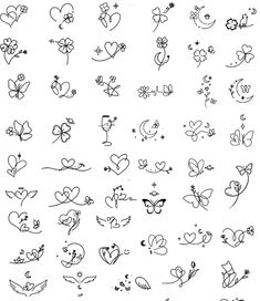 the different types of hearts and flowers are drawn in black ink on a white background