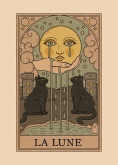 a tarot card with two cats sitting in front of the sun and water dripping from it