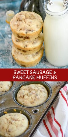 a pan filled with cookies and muffins next to a bottle of milk