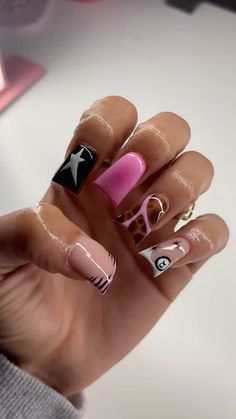 Black French Tip Duck Nails, Short Blinged Out Nails, Duck Nails Short, Unique Acrylic Nail Designs, Freestyle Nails, Hard Nails, February Nails, Gel Nails Diy, Girly Acrylic Nails