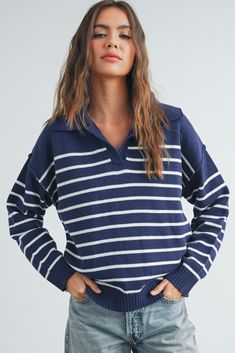 Stay cozy and stylish with our V-Neck Striped Sweater. This classic piece features a flattering V-neckline and timeless stripe pattern, making it a versatile addition to your wardrobe. Made from soft, breathable fabric, it's perfect for layering in cooler weather or wearing on its own for a chic, casual look. Whether paired with jeans for a laid-back vibe or dressed up with a skirt for a more polished appearance, this sweater is a must-have staple for any season. Lounge Wear Dress, Blue And White Striped Sweater, White Striped Sweater, Maxi Romper, Chic Casual, Vintage Havana, Collar Sweater, Cooler Weather, Reference Photos