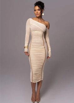 Two Layer Mesh Backless Ruched Bodycon Dress Long Sleeve Club Dress, Classy Bodycon Dress, One Shoulder Midi Dress, Mesh Bodycon Dress, Classy Dress Outfits, Body Con Dress, Solid Color Dress, High Quality Dress, Long Sleeve Midi